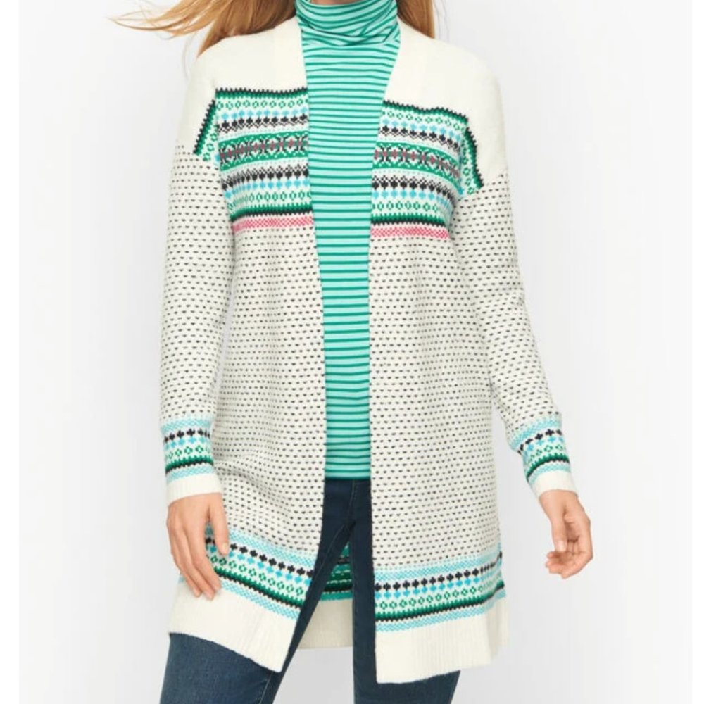 Talbots Breton Fair Isle Cardigan Size Large Cozy Sweater Ivory White